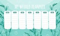 Marine life weekly planner with seaweeds. Vector stationary template